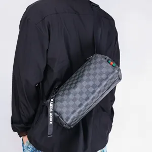 Men's cylindrical crossbody bag, stylish checkered pattern shoulder bag for daily casual use.