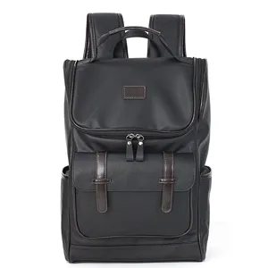 Men's black leather vintage backpack casual business laptop travel school bag daily use