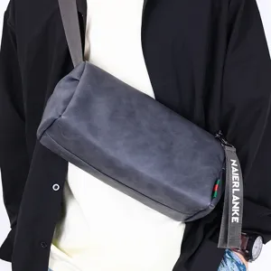 Stylish men cylindrical crossbody bag grey retro shoulder bag casual street wear chest bag