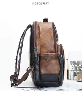 Vintage men's backpack side view showing multi-layer zipper and brown black contrast design.