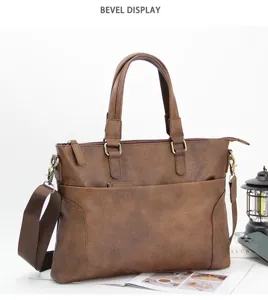 Maletin marron retro de negocios casual para hombre de piel PU bolso de hombro chic.