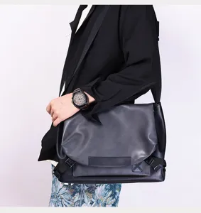 Men large capacity leather messenger bag casual minimalist shoulder crossbody bag detailed view