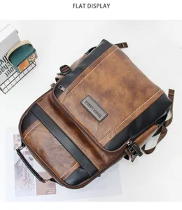 Detailed flat lay view of retro brown and black leather backpack with practical multi pockets.