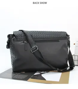Men's woven messenger bag detail view, black PU leather crossbody bag, business casual style.