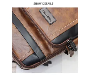 Men's vintage business laptop backpack, large capacity PU leather multi-layer travel bag.