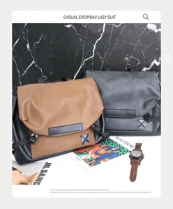 Detailed view of casual PU leather messenger bags with flap closure and stylish dual-tone design.