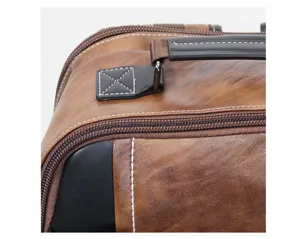 Men retro business laptop backpack brown leather detail top handle zipper close-up view