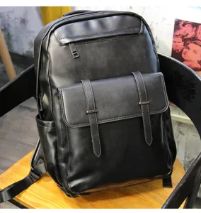Black PU leather backpack for men women casual business travel laptop school book bag.