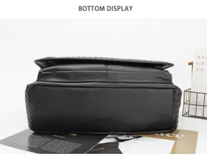 Men's black woven leather messenger bag casual business crossbody shoulder bag bottom view