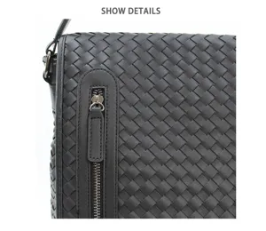 Men's black woven leather messenger bag stylish shoulder bag detail view cross body
