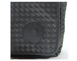 Black woven leather men messenger bag detail view classic intrecciato style shoulder bag