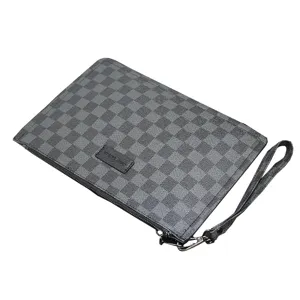 Men's stylish grey checkerboard clutch bag with wrist strap and zipper closure for daily use.