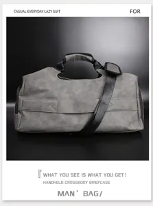 Detail view of grey travel duffel bag showing durable grey fabric texture and black handle.