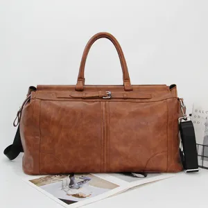 Sac de Voyage en Cuir PU Vintage pour Homme Grande Capacité Sac Duffel Sac à Main Bagage d'Affaires Sac Bandoulière
