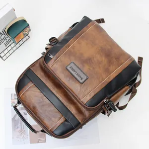 Men Vintage PU Leather Backpack Large Capacity Business Travel Laptop Bag Multi-Layer Schoolbag
