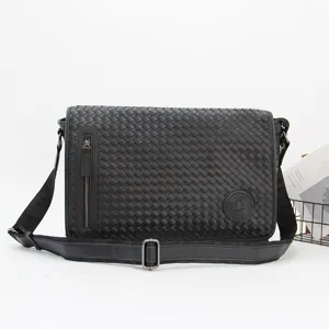 Men Woven Messenger Bag PU Leather Casual Shoulder Crossbody Bag Business Horizontal Computer Document Handbag