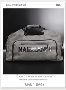 Large capacity waterproof travel duffel bag for men with handle and shoulder strap.