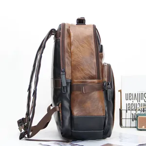 Men vintage leather backpack multi-pocket business computer travel bag side view showcase