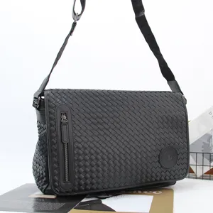 Men's Woven Leather Messenger Bag Casual Crossbody Shoulder Business Briefcase Main