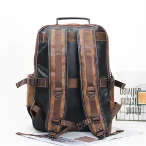 Men retro business laptop backpack, large capacity travel school bag, stylish back view.