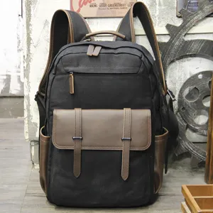 Men canvas vintage backpack large capacity casual school book bag laptop rucksack black