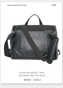 Men black leather messenger bag detail view, casual shoulder bag with adjustable strap.