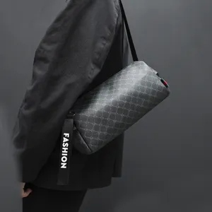 Men Street Trend PU Leather Crossbody Bag Fashion Plaid Shoulder Bag Waterproof Casual Daily Messenger Chest Bag