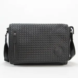 Classic black woven leather messenger bag for men, stylish casual shoulder bag with front zipper.