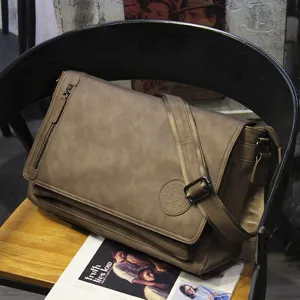 Men's Vintage PU Leather Messenger Bag Large Capacity Casual Shoulder Crossbody Bag Solid Color Wear Resistant Commuting Bag