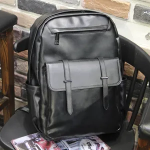 Black PU leather casual backpack large capacity business computer travel school bag for men