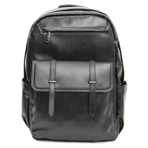 Stylish black leather backpack large capacity casual business travel school book bag for men
