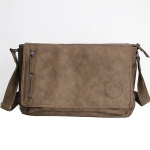 Vintage brown men's messenger bag, large capacity PU leather casual crossbody shoulder bag.
