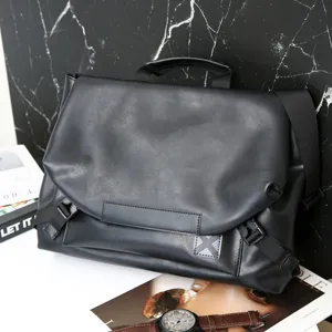 Men black leather messenger bag large capacity casual crossbody shoulder bag for daily use