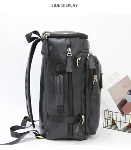 Side detail view of the black multi-functional men's tactical backpack with zippers.