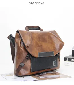 Men vintage messenger bag side detail view brown leather crossbody shoulder bag daily use