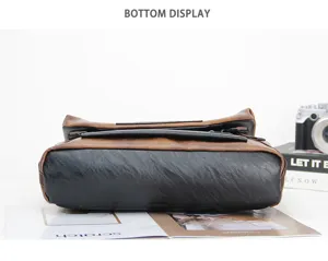 Men's messenger bag bottom detail view, premium leather texture, stylish commuter bag closeup.