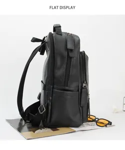 Men's black leather backpack casual business computer bag laptop school daypack