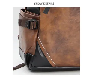 Close-up detail of retro brown PU leather backpack strap buckle and contrast stitching.