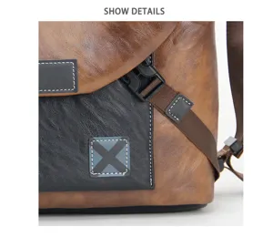 Men vintage messenger bag detail view, brown PU leather cross body bag with buckle strap.