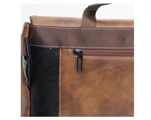 Men's retro brown leather messenger bag stylish commute shoulder briefcase detail view