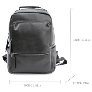 Detailed view of black pu leather business casual backpack with size dimensions shown.