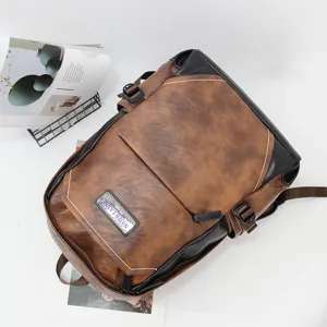 Retro multi-compartment PU leather backpack for men, large capacity daily school travel bag.