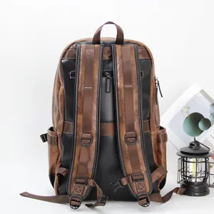 Vintage PU leather backpack for men, large capacity multi-compartment travel school computer bag.