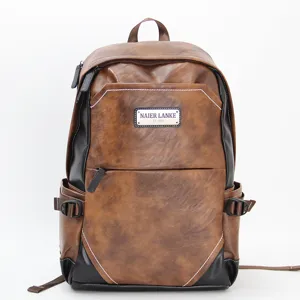 Vintage brown leather backpack for men, large capacity school bag and travel daypack.