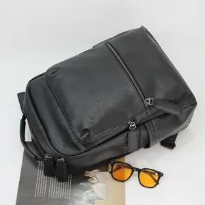 Men's Black Leather Casual Business Backpack Laptop Bag Stylish Daypack Top View