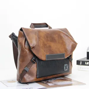 Stylish mens retro PU leather messenger bag casual commuter shoulder briefcase for daily use.