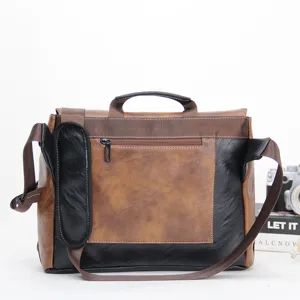 Men vintage contrast color messenger bag casual business shoulder briefcase handbag.