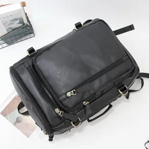 Men's multi-functional large capacity black leather backpack travel business casual laptop bag
