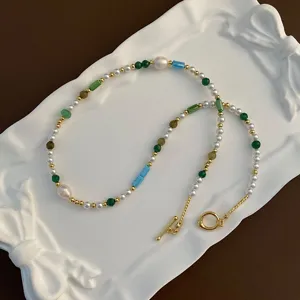 Collier de Perles Fait Main Menthe Mambo pour Femme Pierre Naturelle Perle d'Eau Douce Acier au Titane Choker Avec Fermoir Cabillot Rétro Frais Dégradé