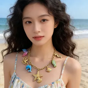 Ocean style titanium steel necklace with cute marine charms, perfect for beach summer wear.